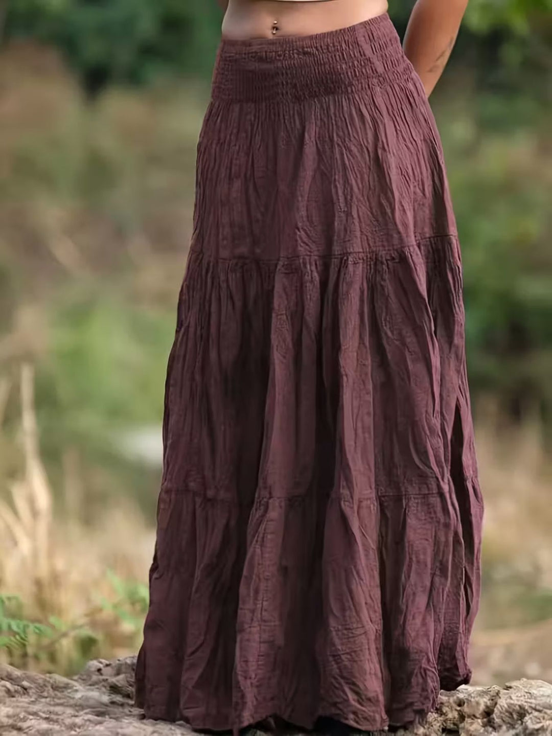 Tiered boho maxi skirt with smocked waistband