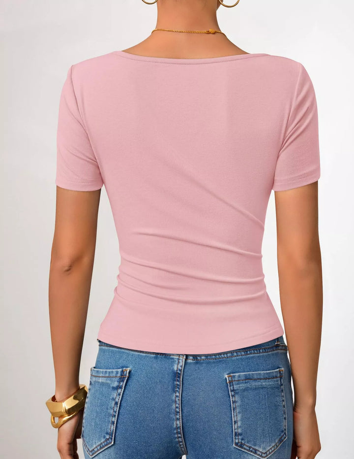 Asymmetrical neckline fitted tee with side ruching