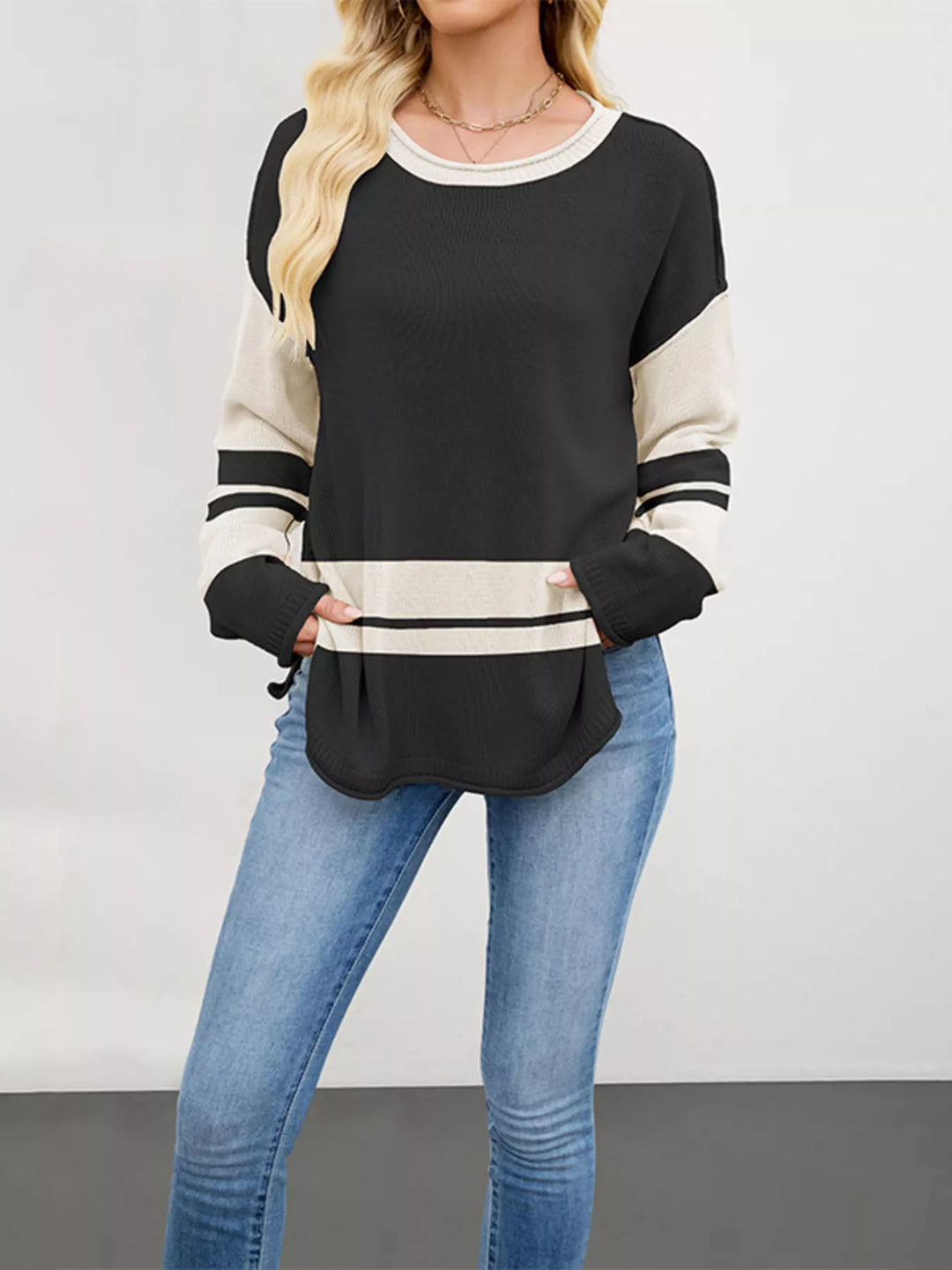 Black Striped colorblock drop shoulder sweater with side slits