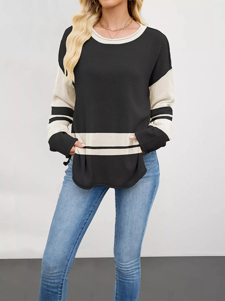 Black Striped colorblock drop shoulder sweater with side slits