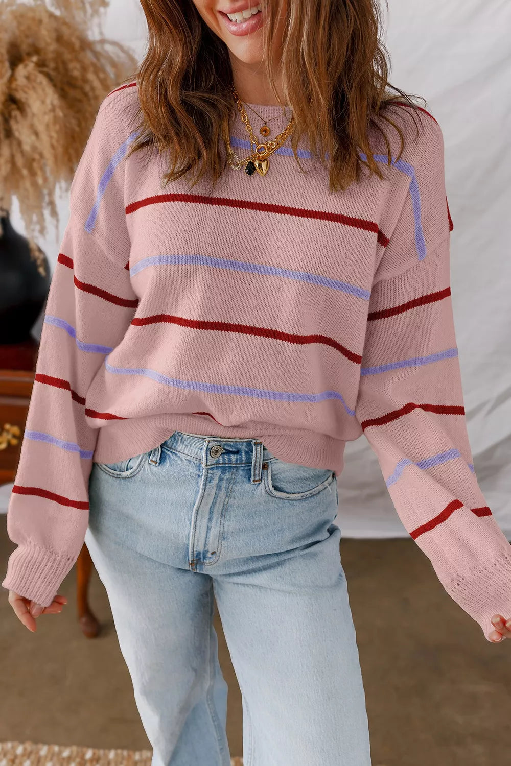 Dusty Pink Striped drop-shoulder knit sweater with ribbed cuffs