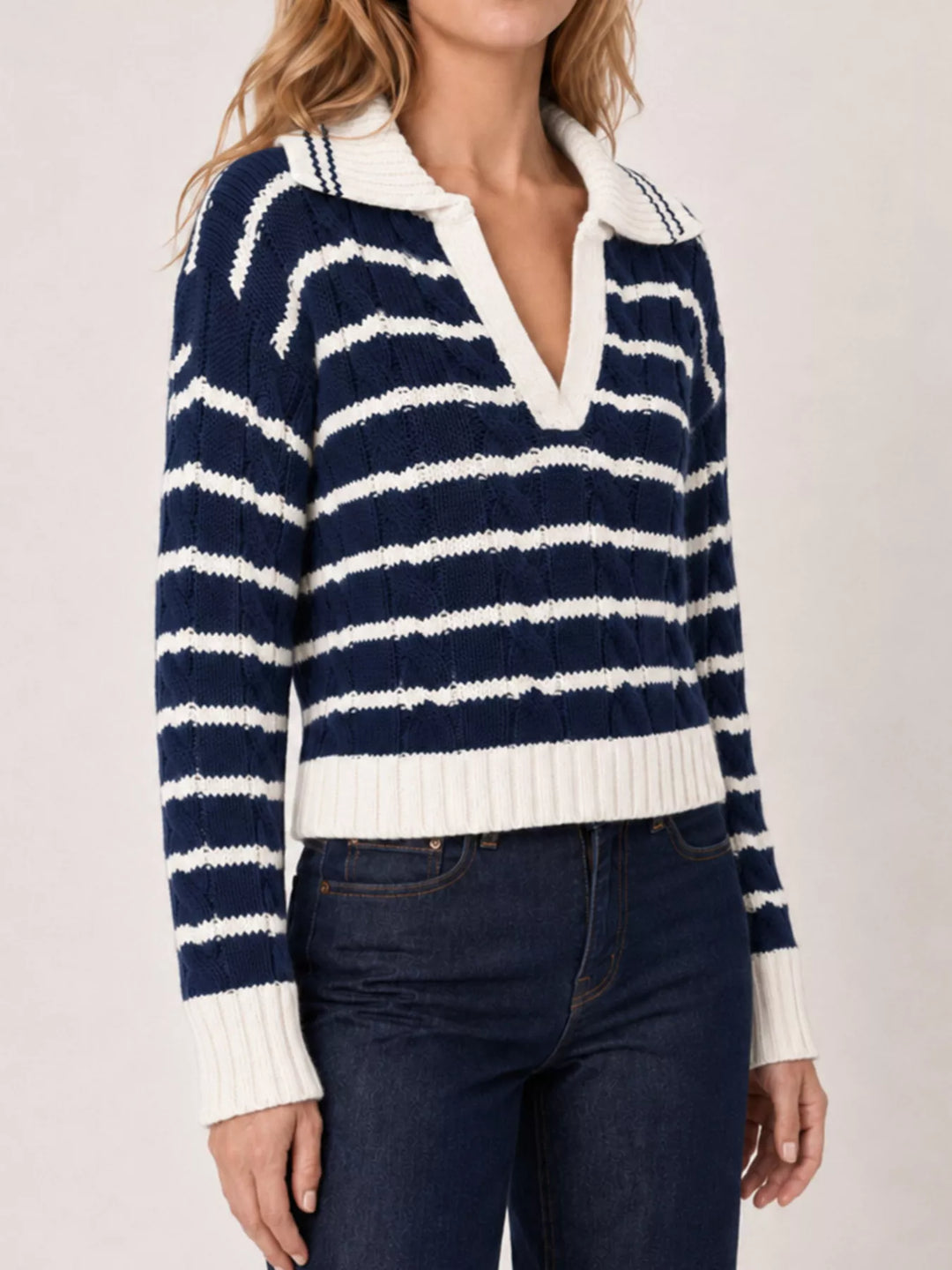 Striped cable-knit johnny collar sweater with dropped shoulders