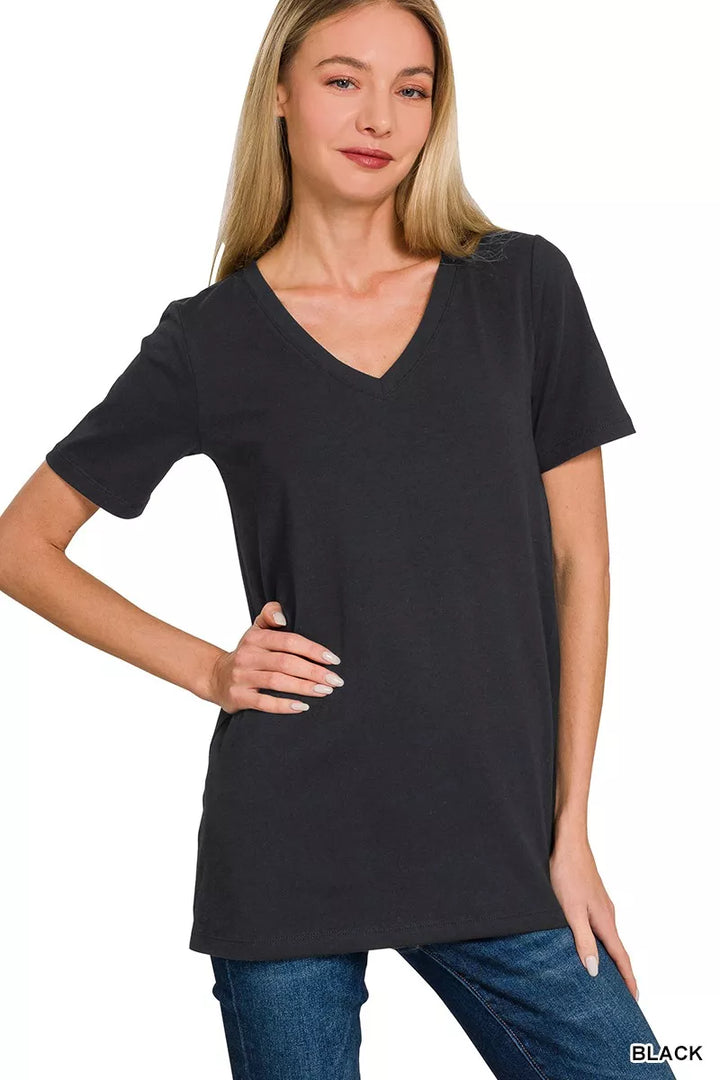 BLACK Relaxed V-neck short sleeve cotton tee