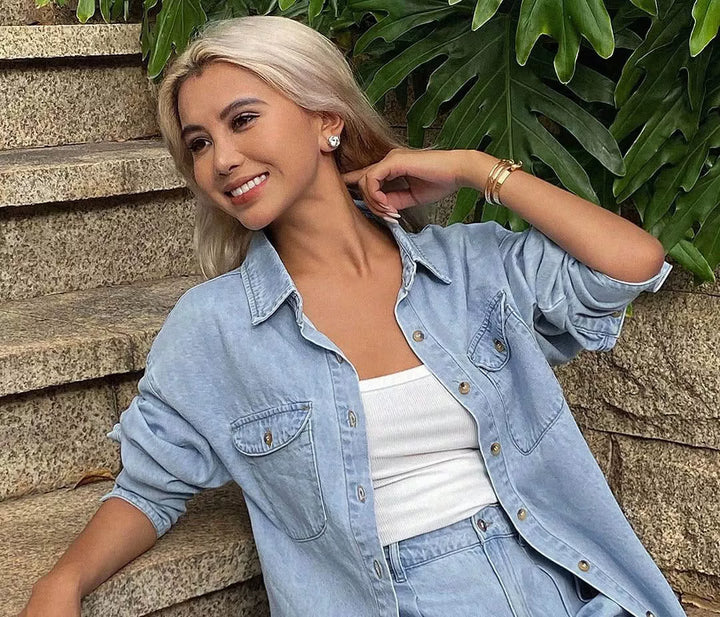Light Blue Oversized denim button-up shirt and cuffed shorts set