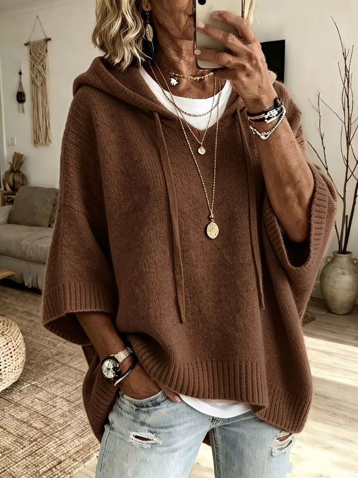Brown Hooded batwing sleeve knit sweater with drawstring