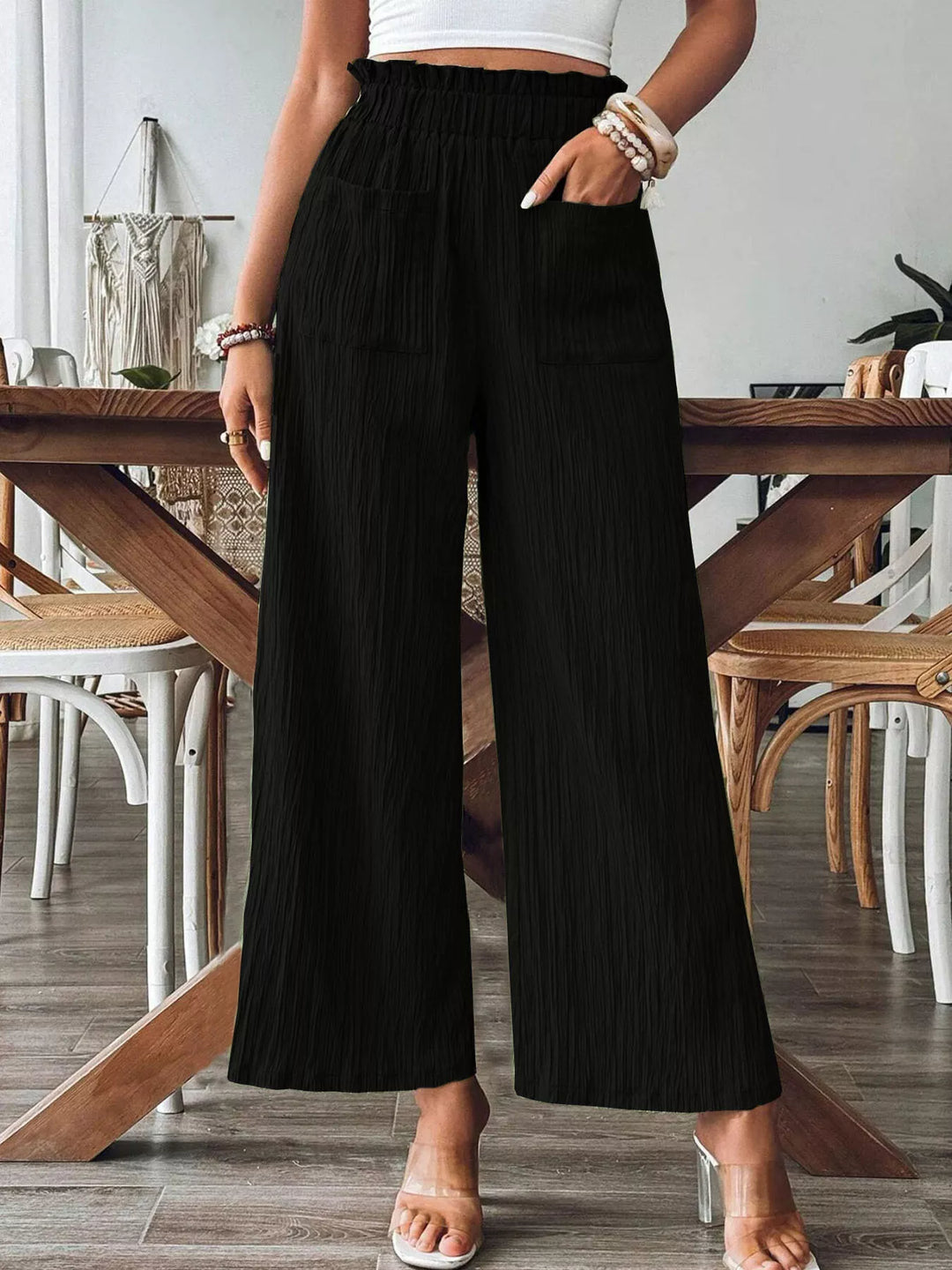 Black Crinkle ruched high-waist wide leg pants with pockets
