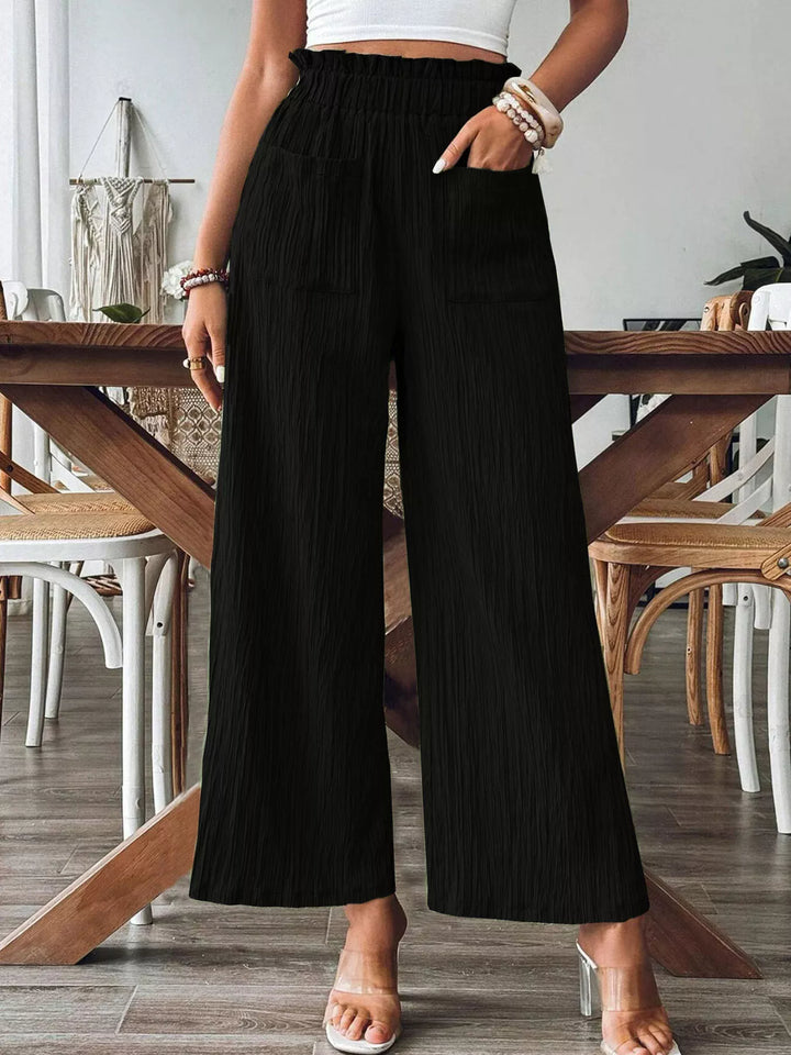 Black Crinkle ruched high-waist wide leg pants with pockets
