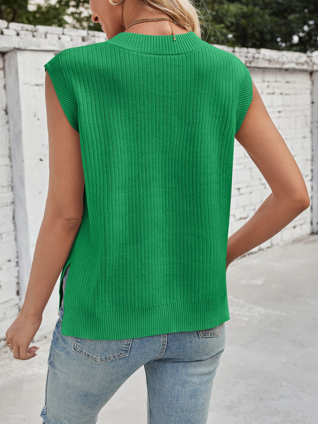 Ribbed knit V-neck sweater vest with drop shoulders