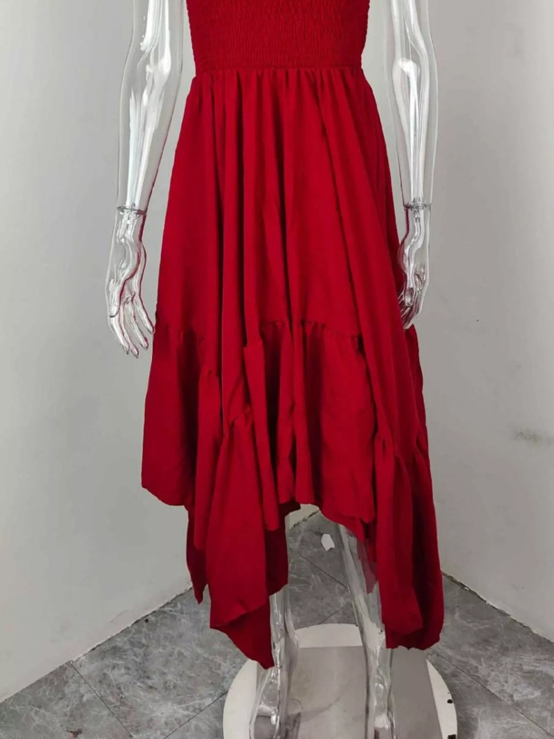 Smocked sleeveless tiered maxi dress with ruffle hem