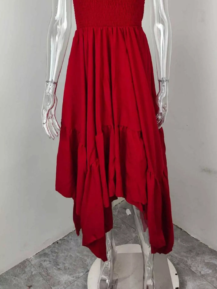 Smocked sleeveless tiered maxi dress with ruffle hem