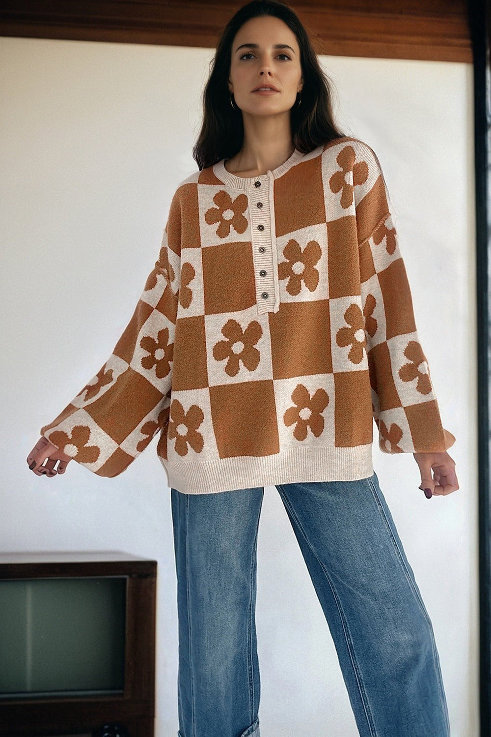 Oversized floral checker henley knit sweater - Thai Curry