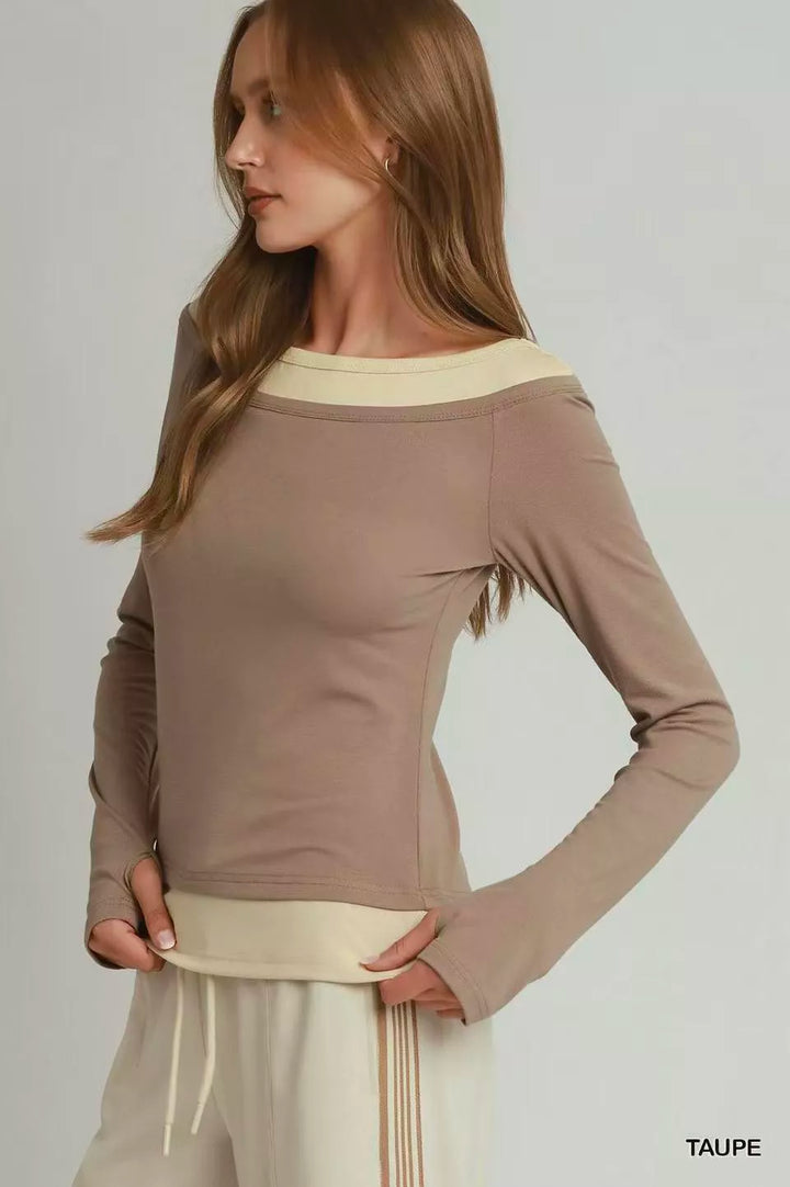 Layered twofer color-block top with thumbhole sleeves