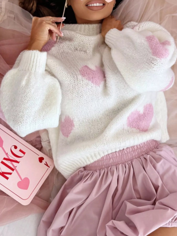 Heart pattern round neck knit sweater with balloon sleeves