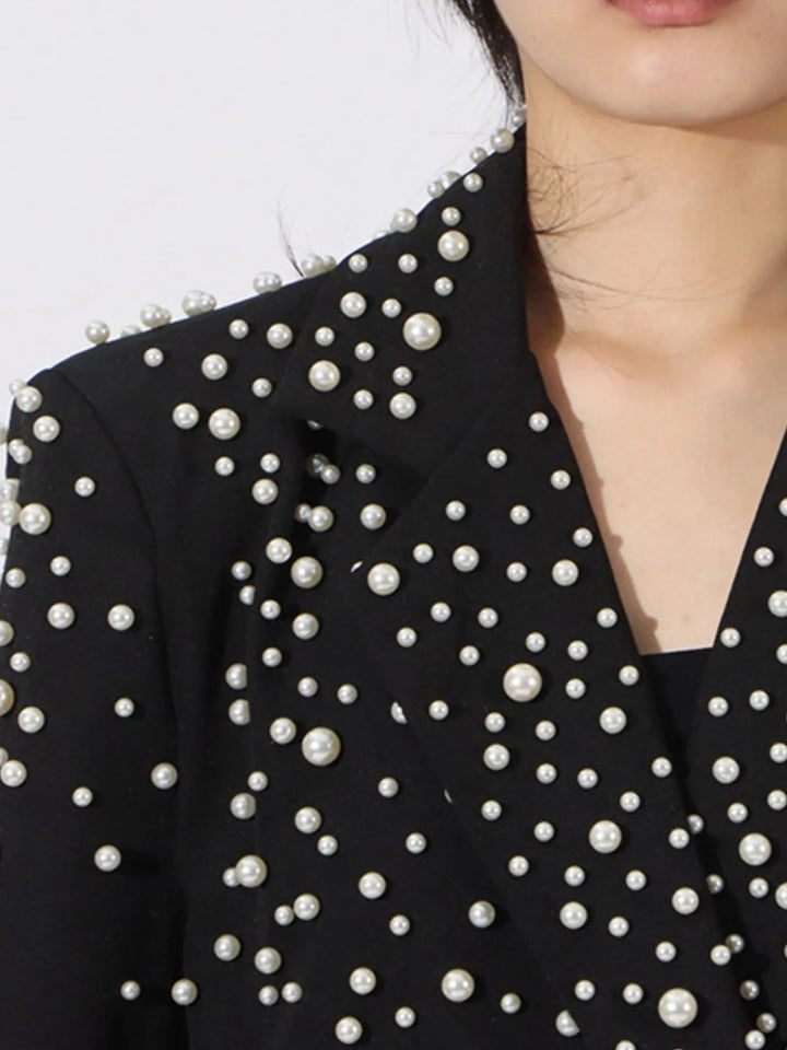 Pearl beaded double-breasted blazer with rosette appliques