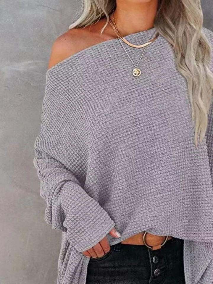 Oversized waffle-knit boat neck long sleeve top