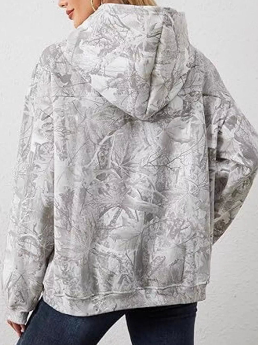 Oversized leaf print pullover hoodie with kangaroo pocket