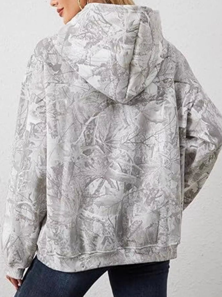 Oversized leaf print pullover hoodie with kangaroo pocket