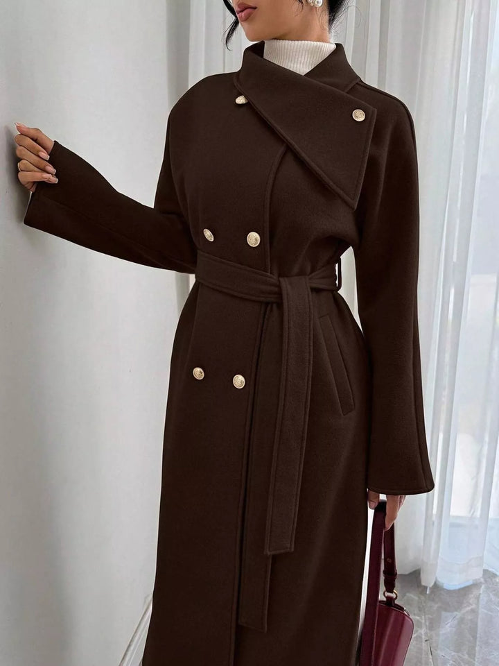 Double-breasted belted longline coat with stand collar