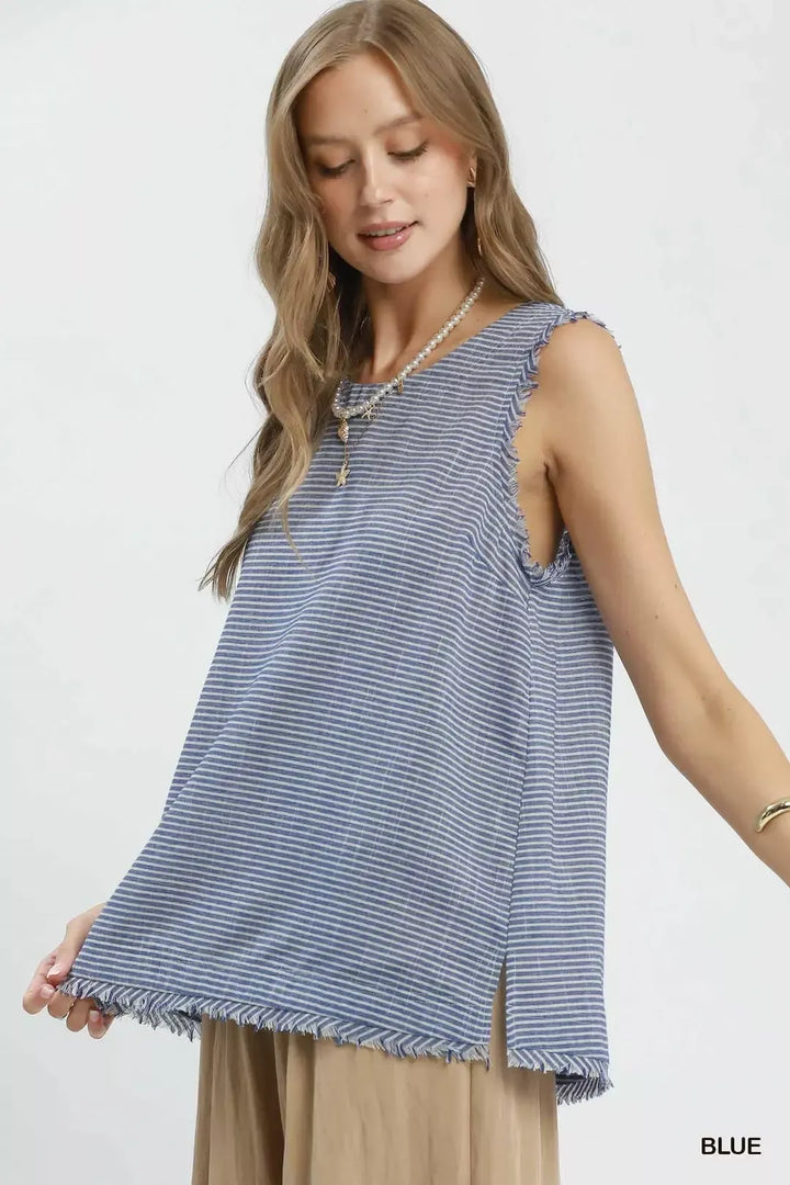 Striped linen-cotton sleeveless top with fringe trim