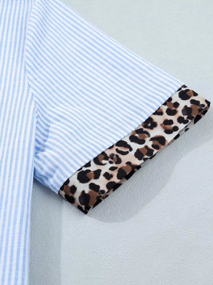 Striped short-sleeve button-down with leopard collar and cuffs