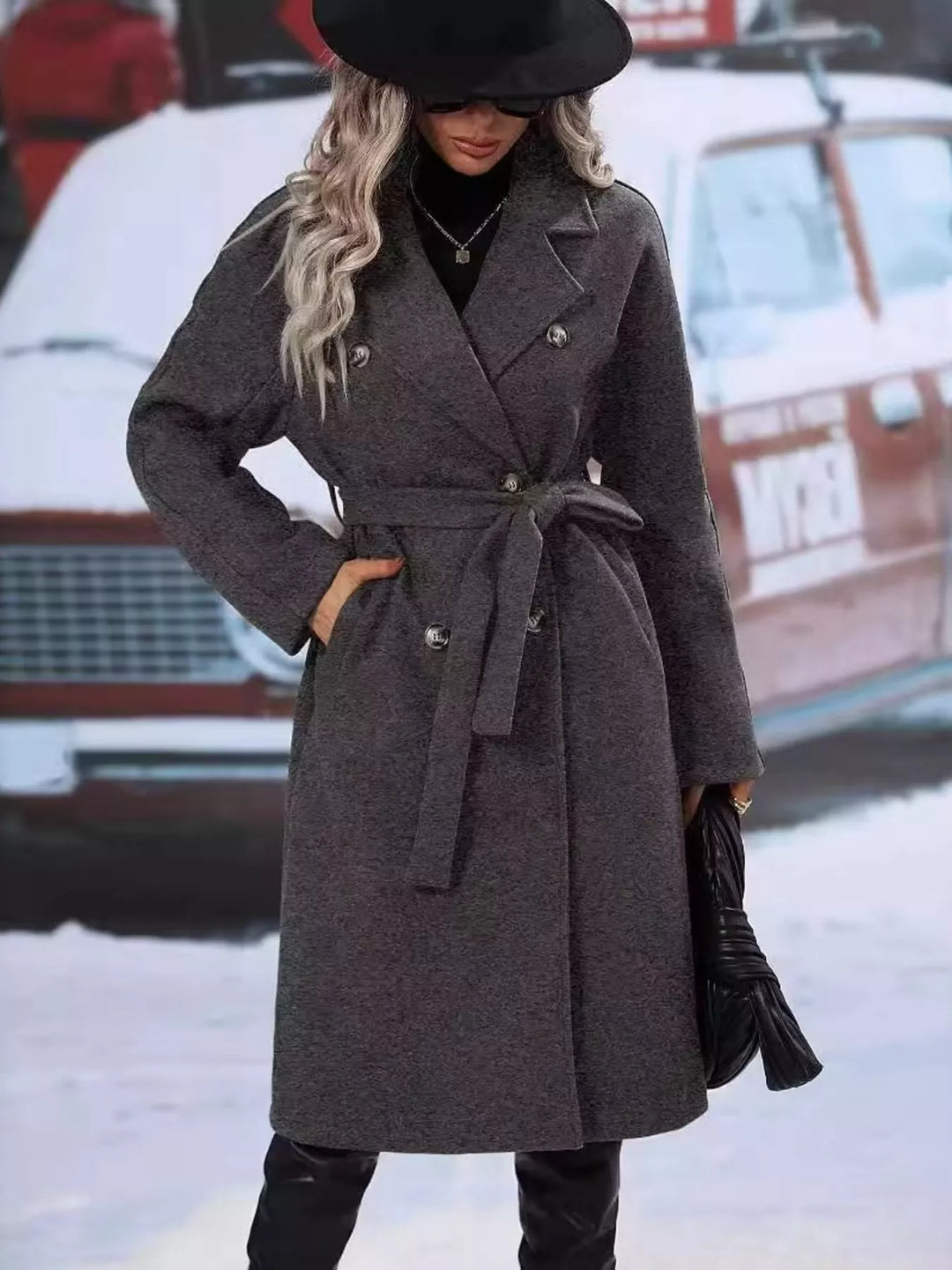 Dark Gray Double-breasted belted longline overcoat with lapel collar
