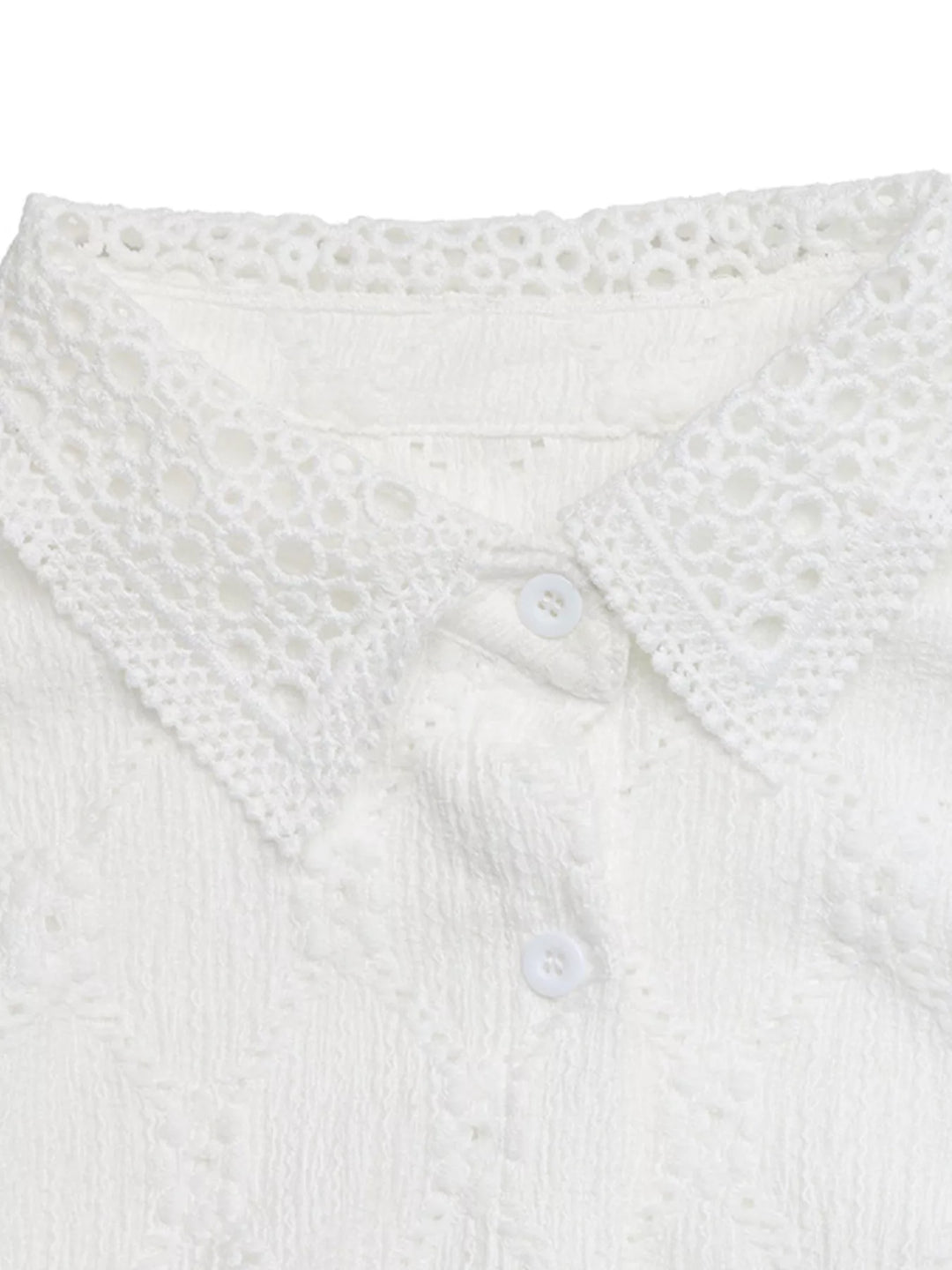 Eyelet ruffle-sleeve button-up crop top with scalloped lace hem