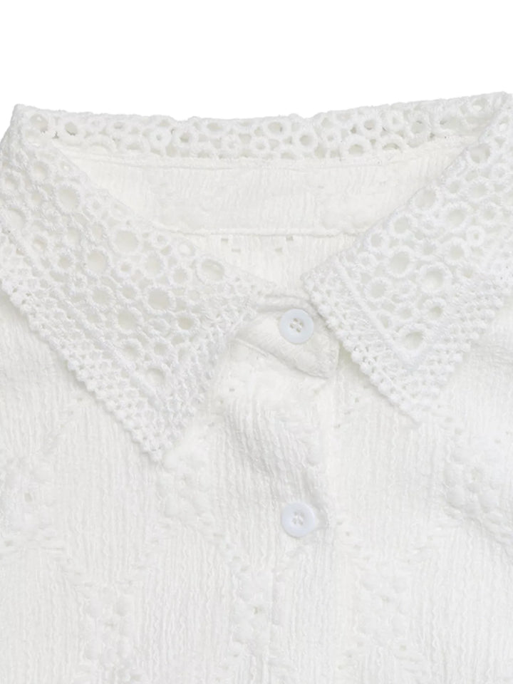 Eyelet ruffle-sleeve button-up crop top with scalloped lace hem