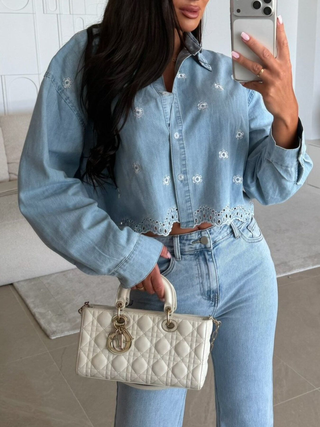 Floral embroidered cropped denim shirt with scalloped hem
