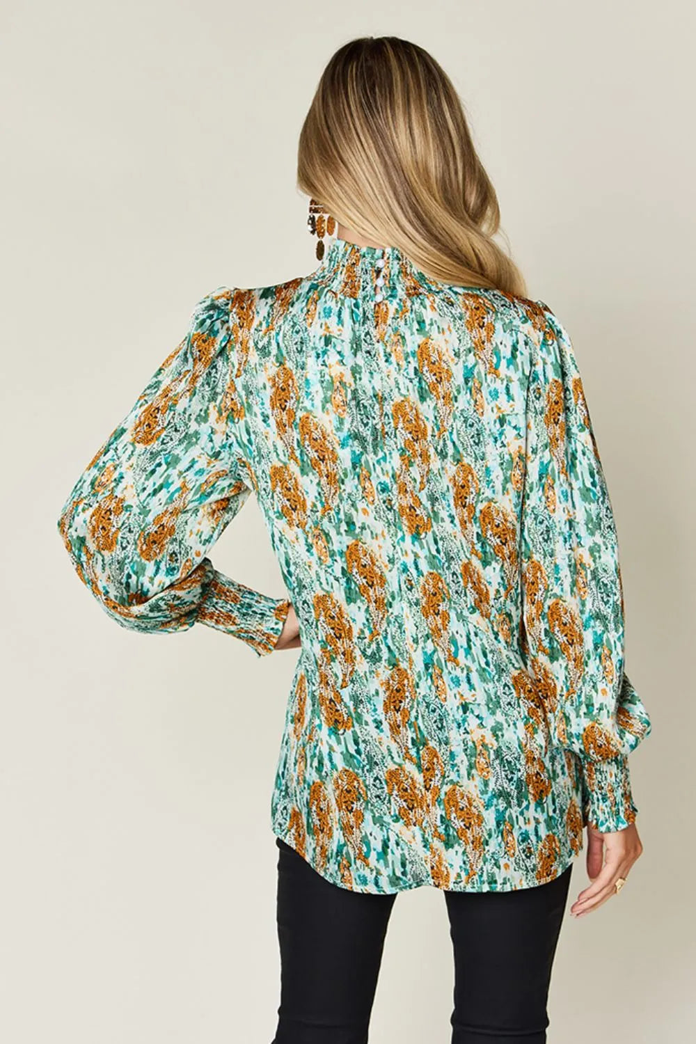 Printed smocked frill mock neck long sleeve blouse