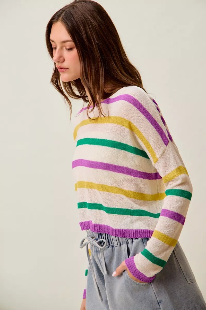 Color stripe lightweight knit sweater with boat neck
