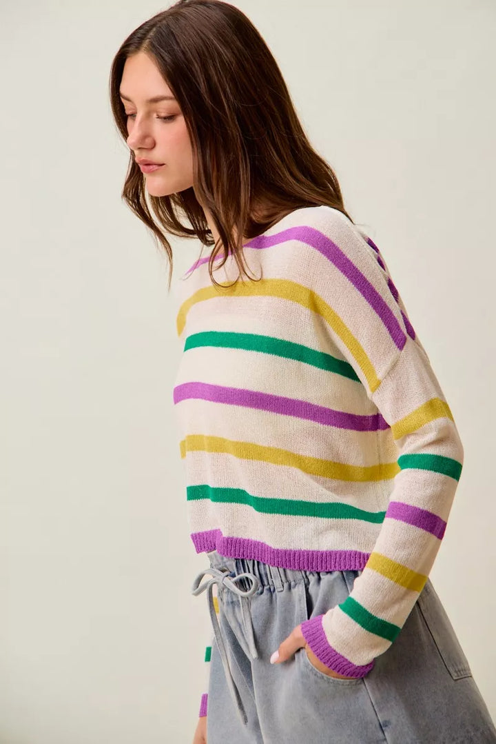 Color stripe lightweight knit sweater with boat neck