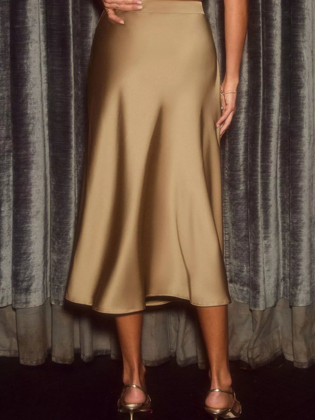 Satin midi skirt with bias-cut A-line drape