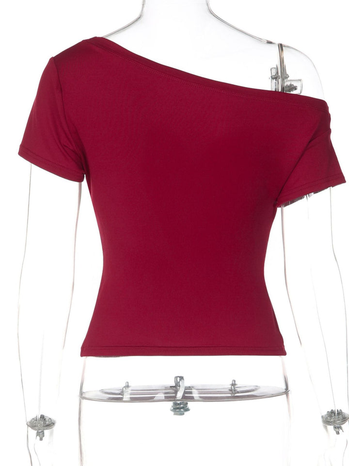 One-shoulder button-trim fitted crop top