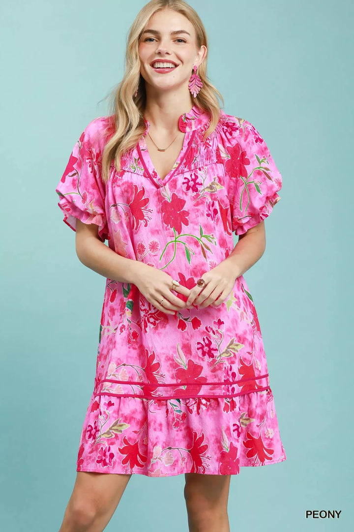 PEONY Floral puff sleeve mini dress with tiered ruffle hem