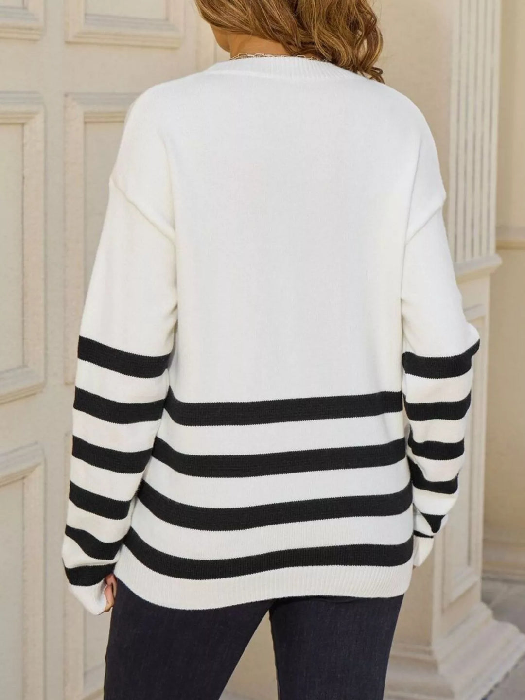 Striped ribbed knit crew neck pullover sweater