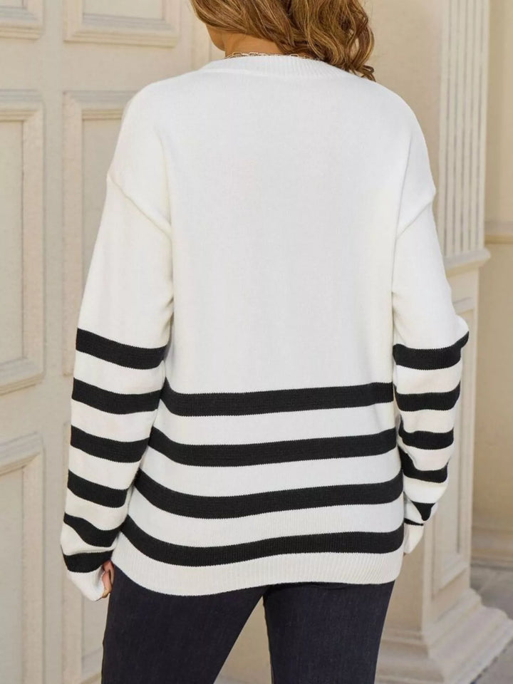 Striped ribbed knit crew neck pullover sweater