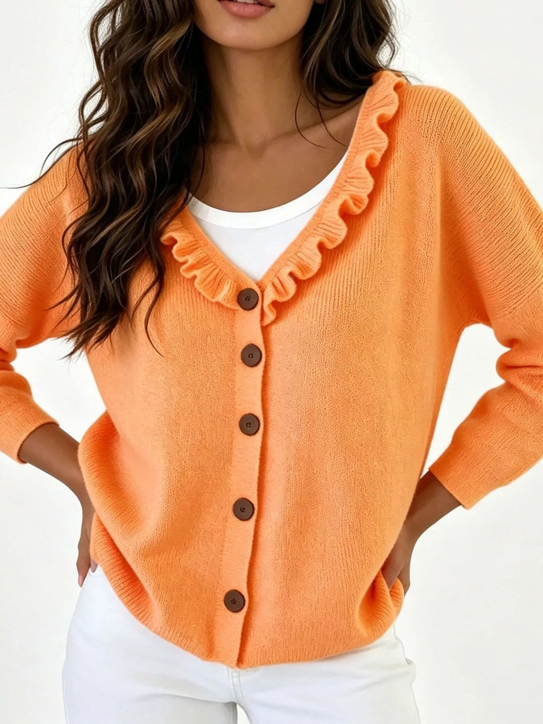 Orange Ruffle-trim V-neck button-front knit cardigan