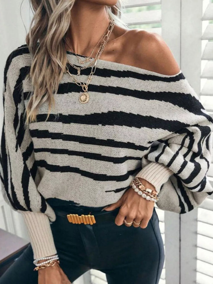 Gray Striped lantern sleeve boat neck knit sweater