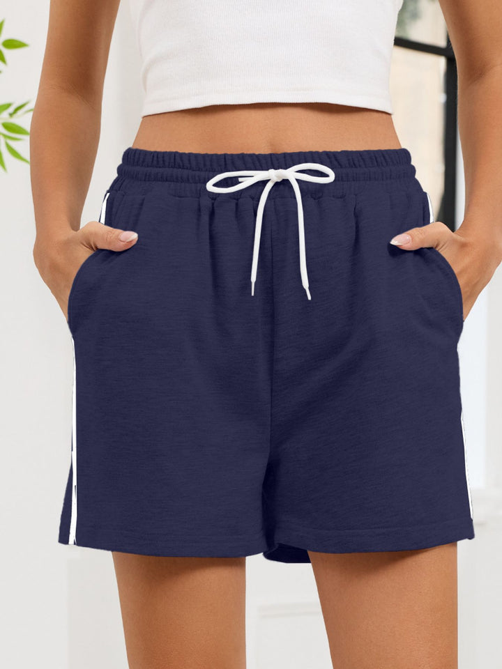 Navy Side-stripe drawstring lounge shorts with pockets