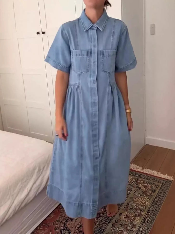 Button-front denim midi shirt dress with tiered skirt