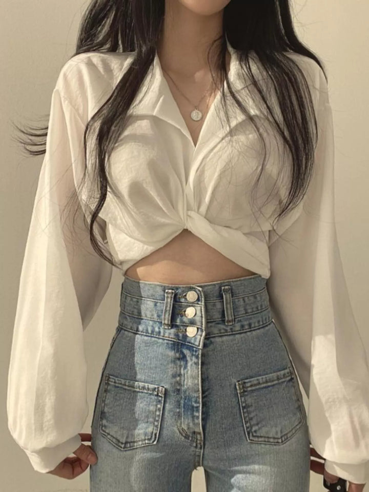 White Twisted knot cropped shirt with long balloon sleeves