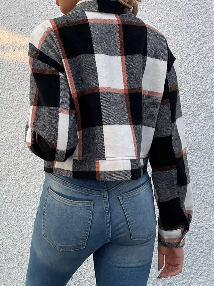 Plaid cropped shacket with chest pockets and button front