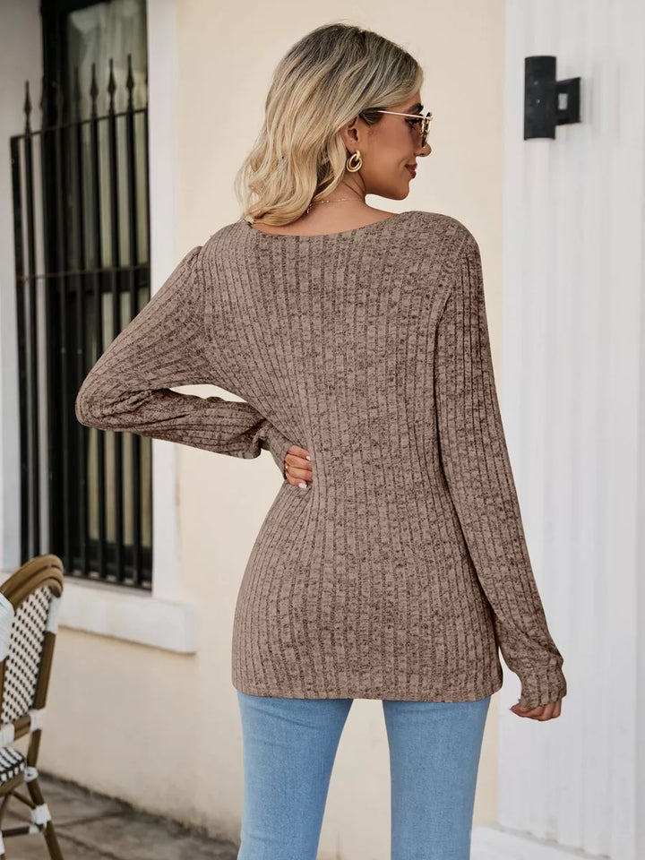 Fitted ribbed square neck long sleeve top