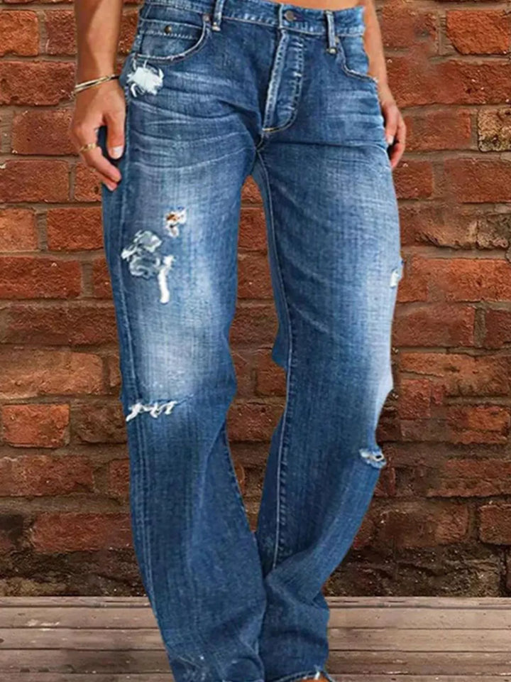 Dark Blue Distressed straight-leg jeans with raw frayed hem
