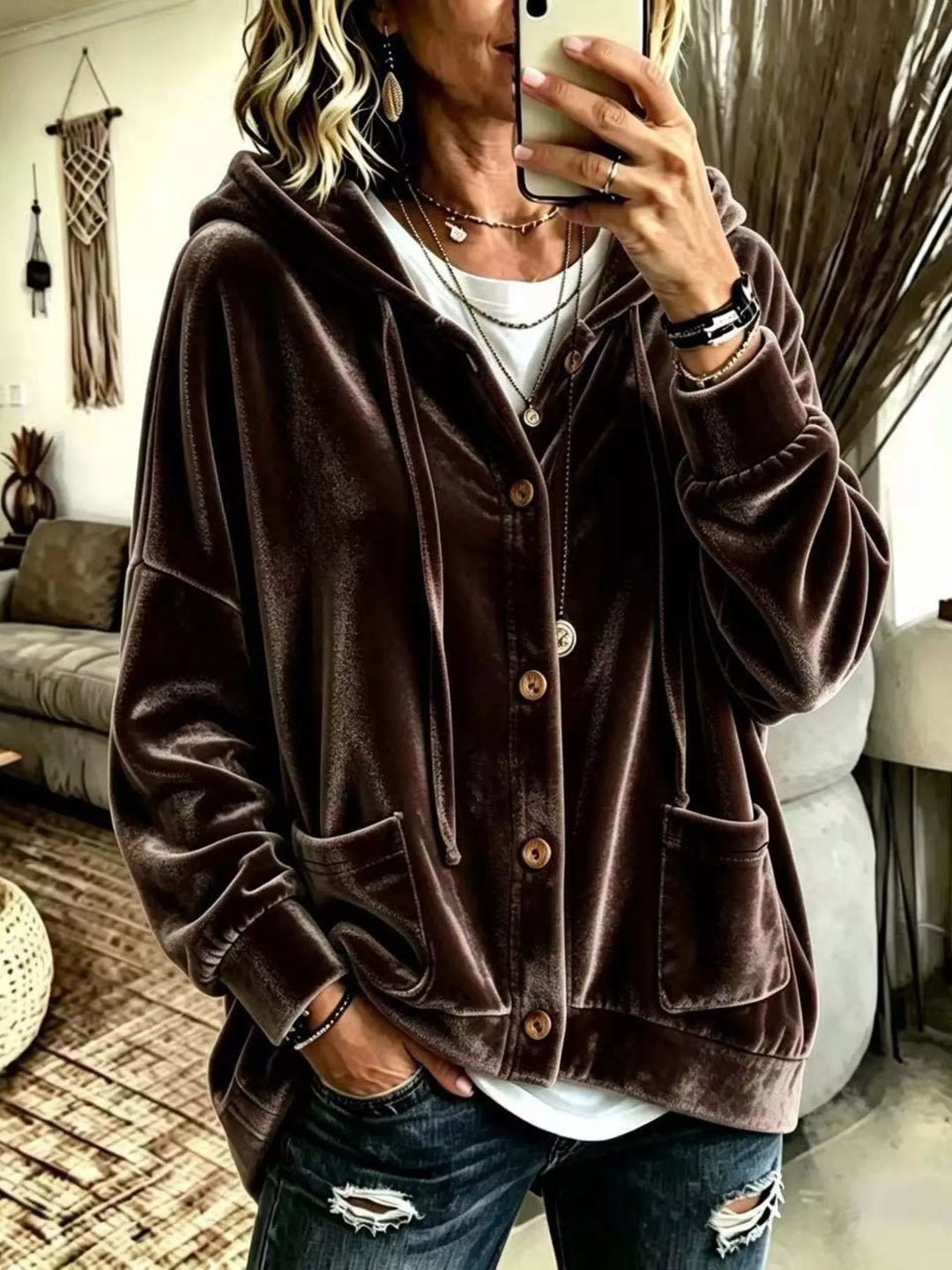 Brown Oversized hooded button-up jacket with patch pockets