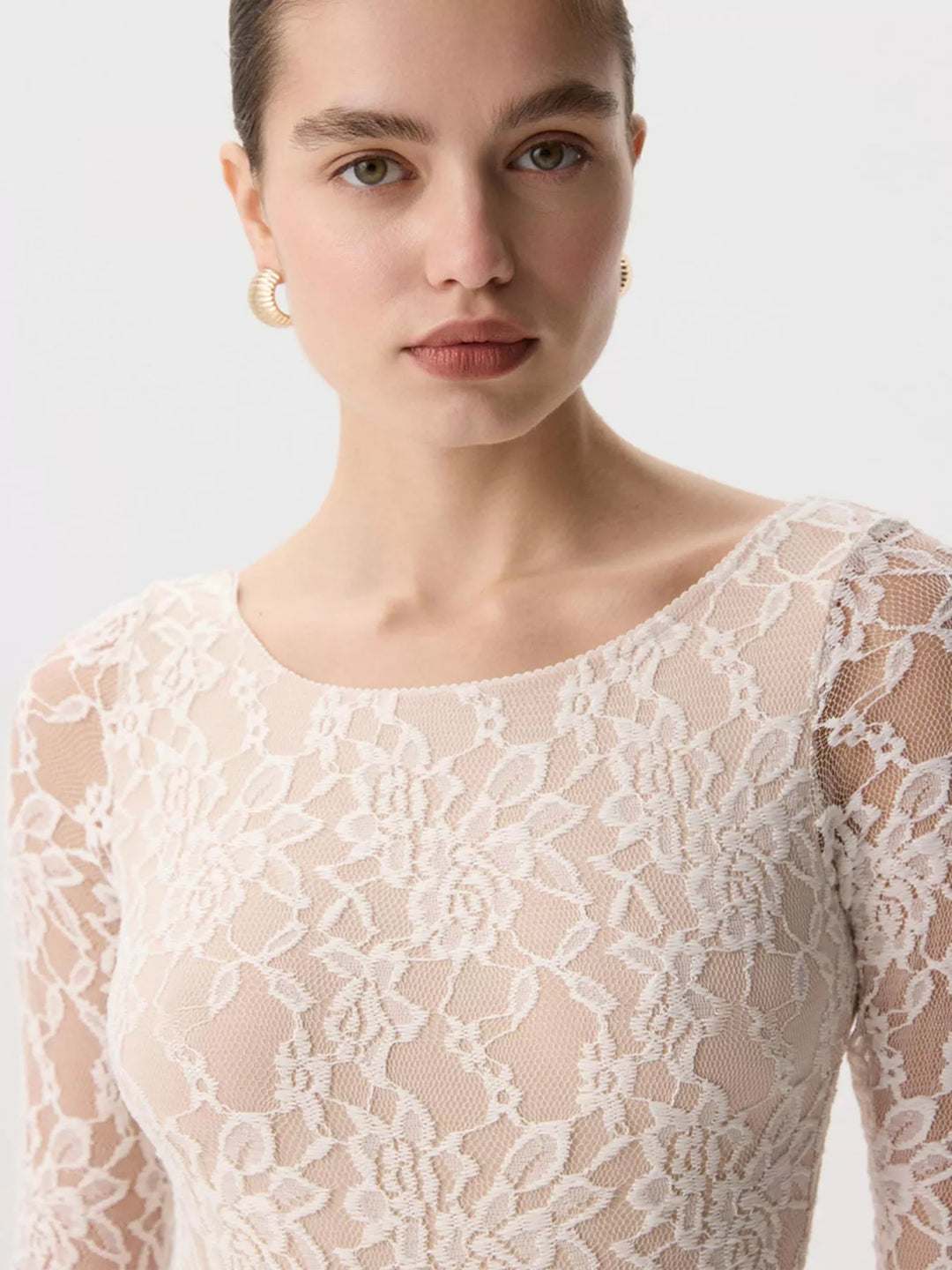 Sheer floral lace round neck long sleeve top