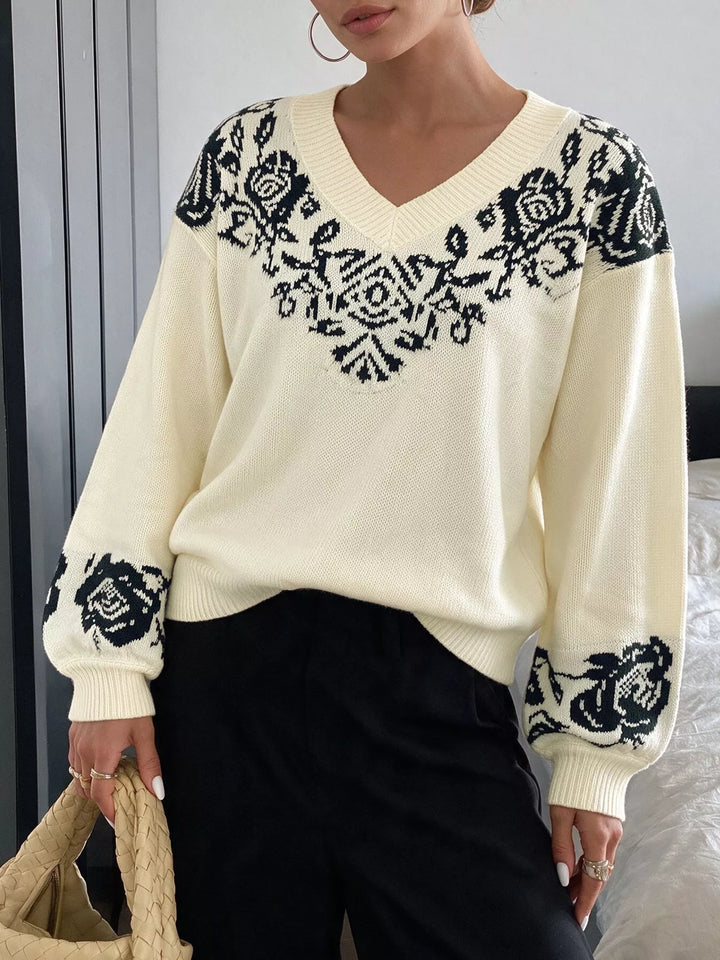 Apricot Floral jacquard V-neck dropped shoulder sweater
