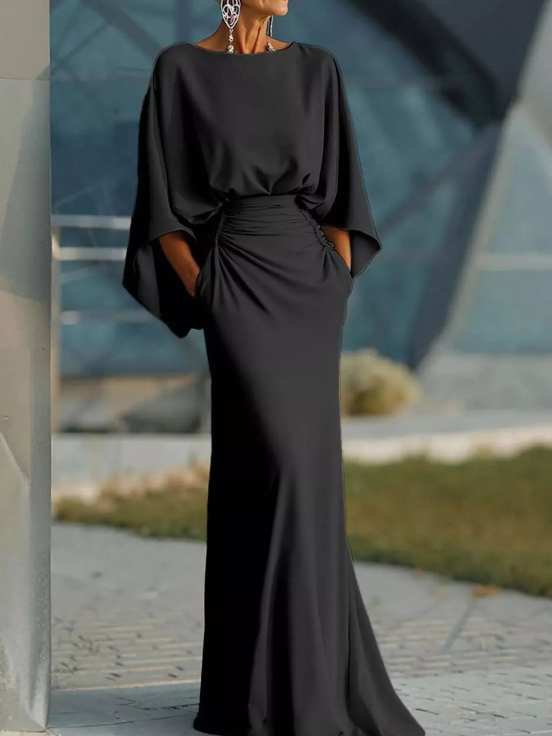 Black Batwing sleeve maxi dress with ruched waist and pockets