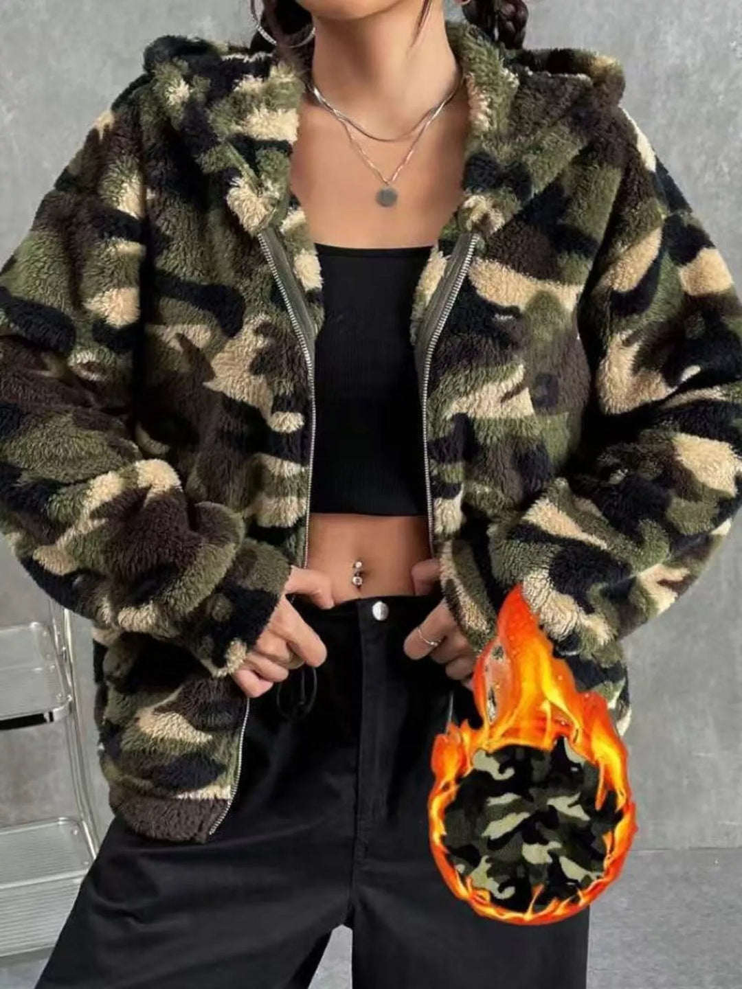 Cropped fuzzy camo zip-up fleece hoodie jacket