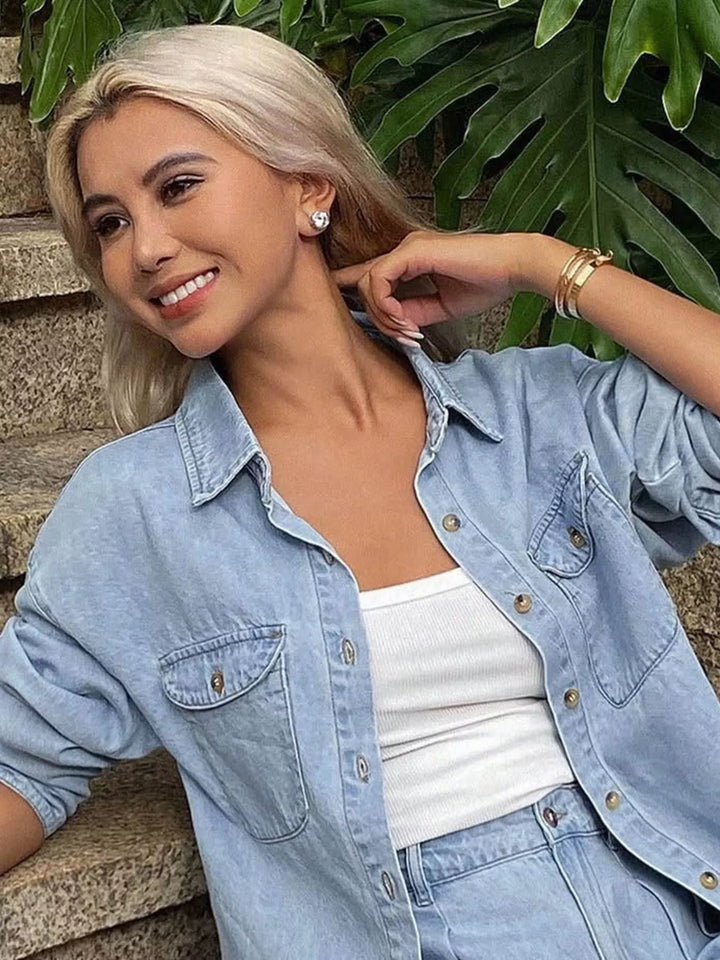 Light Blue Top Oversized denim button-up shirt and cuffed shorts set